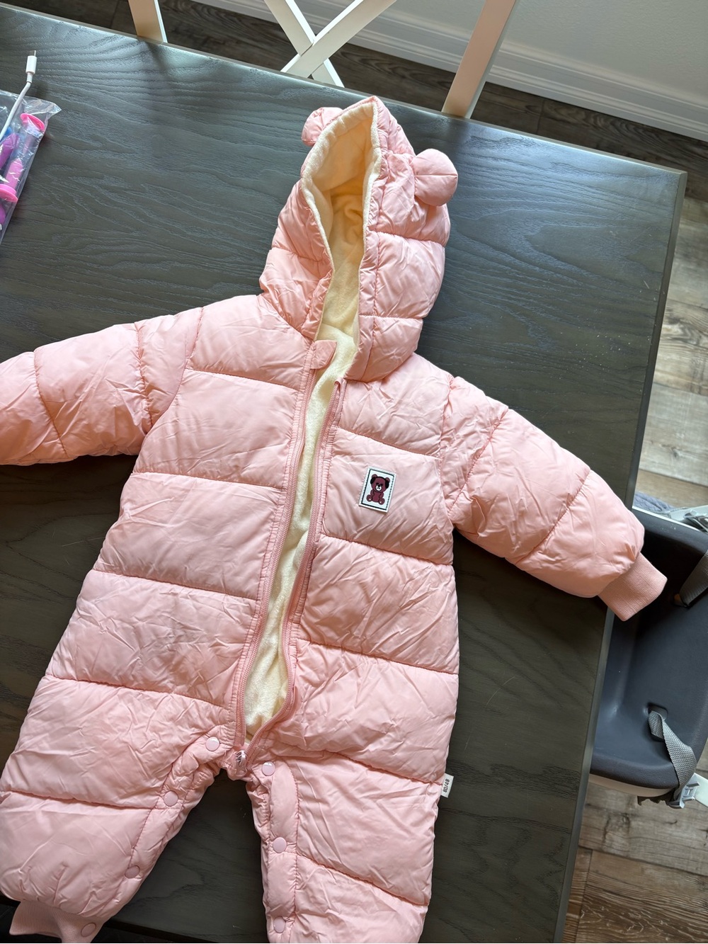 Pink Baby/ Toddler Puffer Snowsuit with Bear Patch- worn once